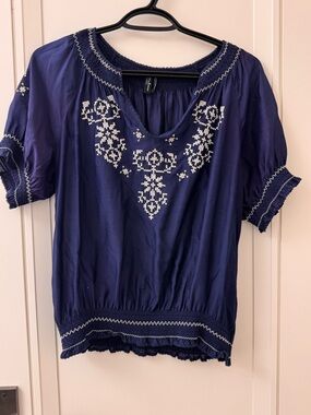Guess by Marciano Navy Blue Embroidered Peasant Blouse